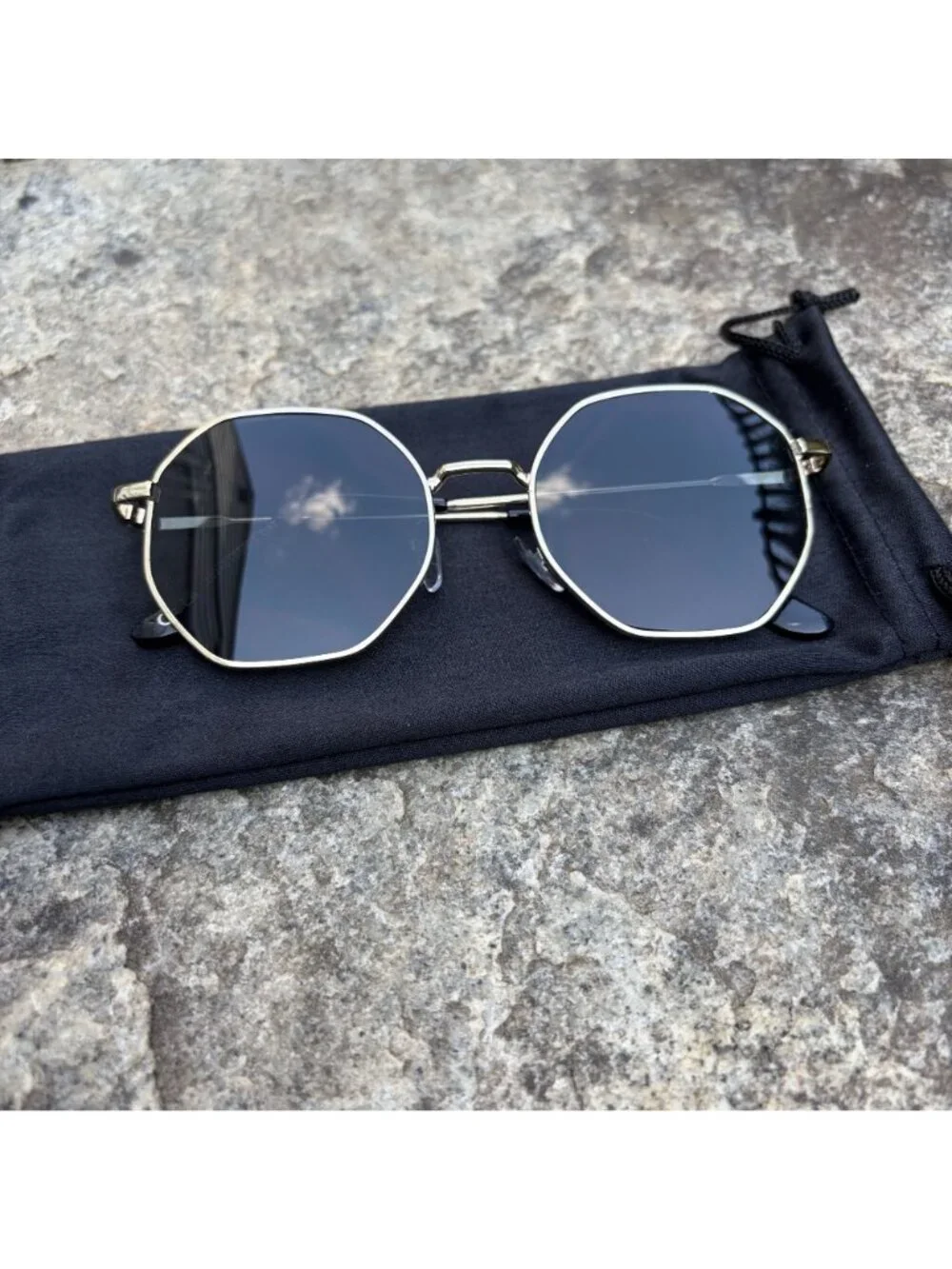70s Gold Geometric Octagon Sunglasses Retro Round Black Lens Boho Festival NEW